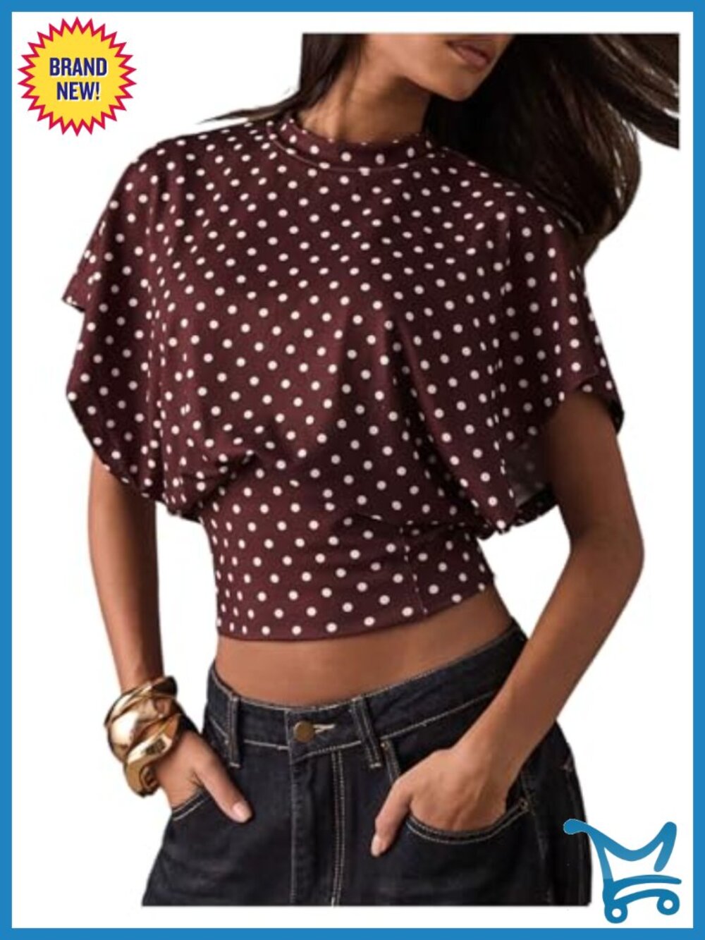 MakeMeChic Polka Dots Dolman Sleeve Cinched Waist Crop Top